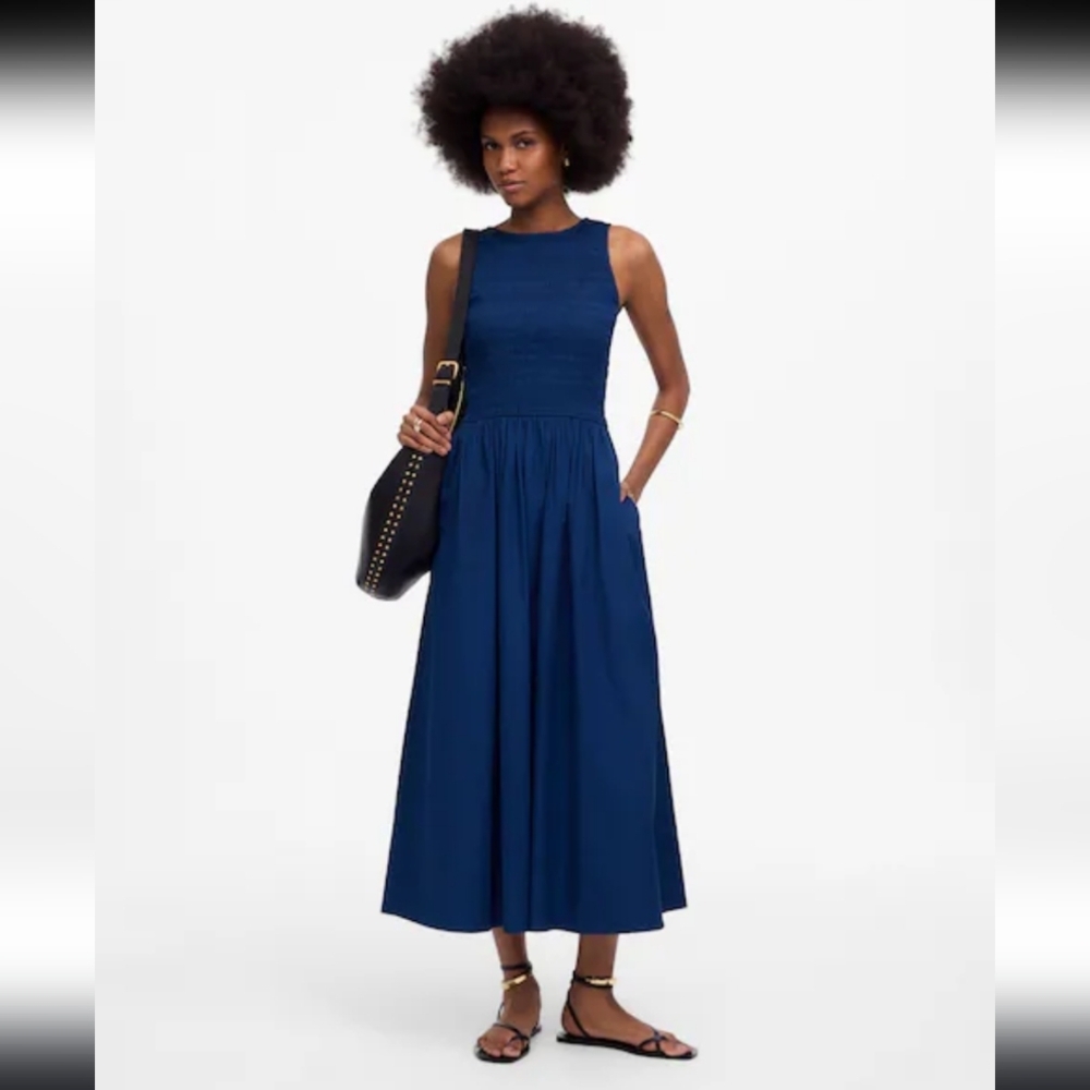 Madewell Navy Blue‎ Moon Melody Scoopback Smocked Sleeveless Midi Dress Size XSP